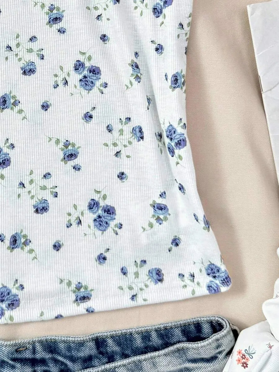 Teen Girls' White Floral Off Shoulder T-Shirt – Casual Summer Top for Home, School & Everyday Wear