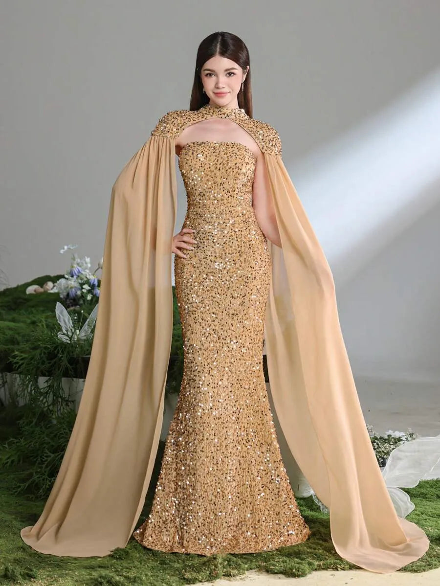 Teen Girls' Mermaid Evening Gown – Floor-Length Dress with Chiffon Cape Sleeves for Formal Galas, Graduation & Ceremonial Wear