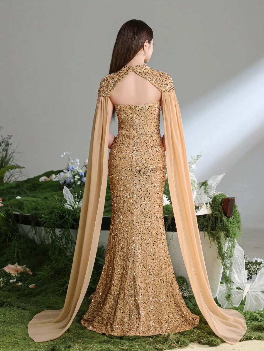 Teen Girls' Mermaid Evening Gown – Floor-Length Dress with Chiffon Cape Sleeves for Formal Galas, Graduation & Ceremonial Wear