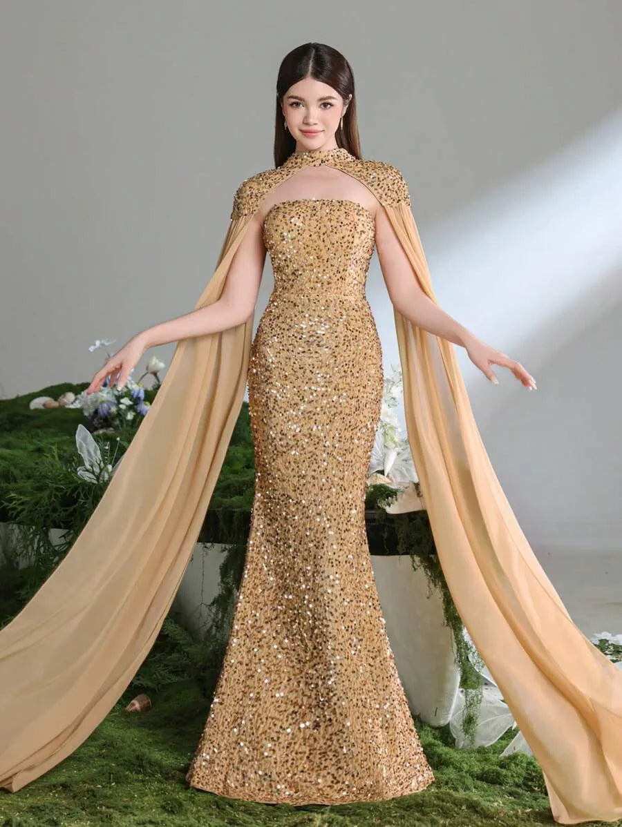 Teen Girls' Mermaid Evening Gown – Floor-Length Dress with Chiffon Cape Sleeves for Formal Galas, Graduation & Ceremonial Wear