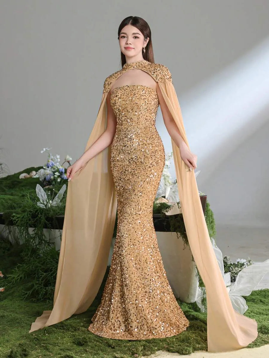 Teen Girls' Mermaid Evening Gown – Floor-Length Dress with Chiffon Cape Sleeves for Formal Galas, Graduation & Ceremonial Wear