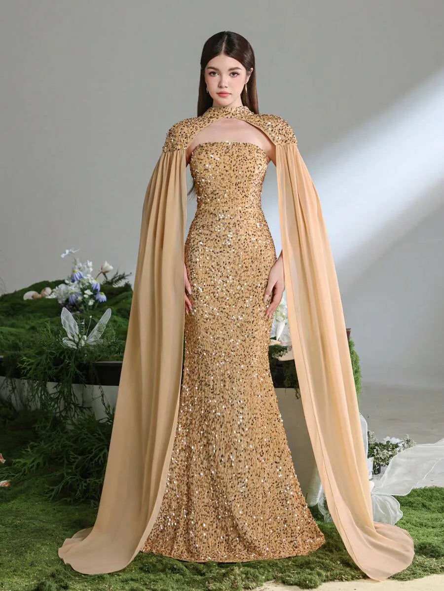 Teen Girls' Mermaid Evening Gown – Floor-Length Dress with Chiffon Cape Sleeves for Formal Galas, Graduation & Ceremonial Wear