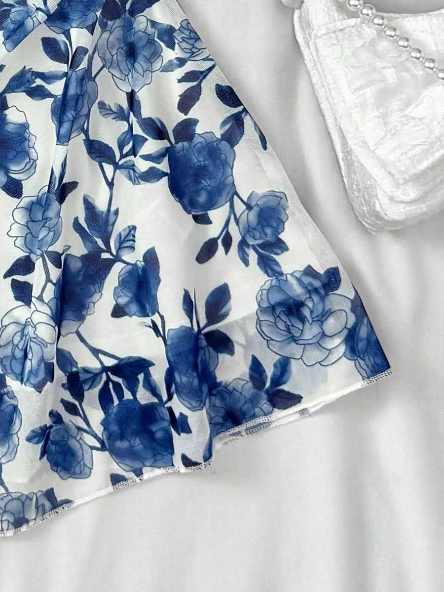 Teen Girls' Blue & White Floral Halter Dress – Bohemian Valentine’s Day Beach Dress for Holiday, Vintage & Summer Outfits