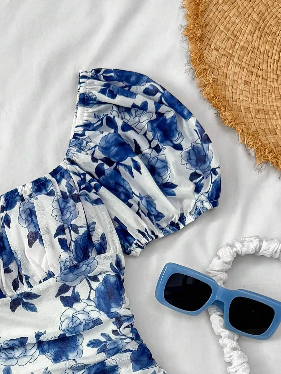Teen Girls' Blue & White Floral Halter Dress – Bohemian Valentine’s Day Beach Dress for Holiday, Vintage & Summer Outfits