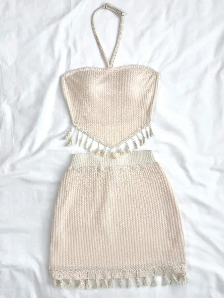 Teen Girls' Boho Tassel Trim Halter Top & Skirt Set – Backless Tie Design for Summer Vacation, Back-to-School, Picnic & Casual Wear