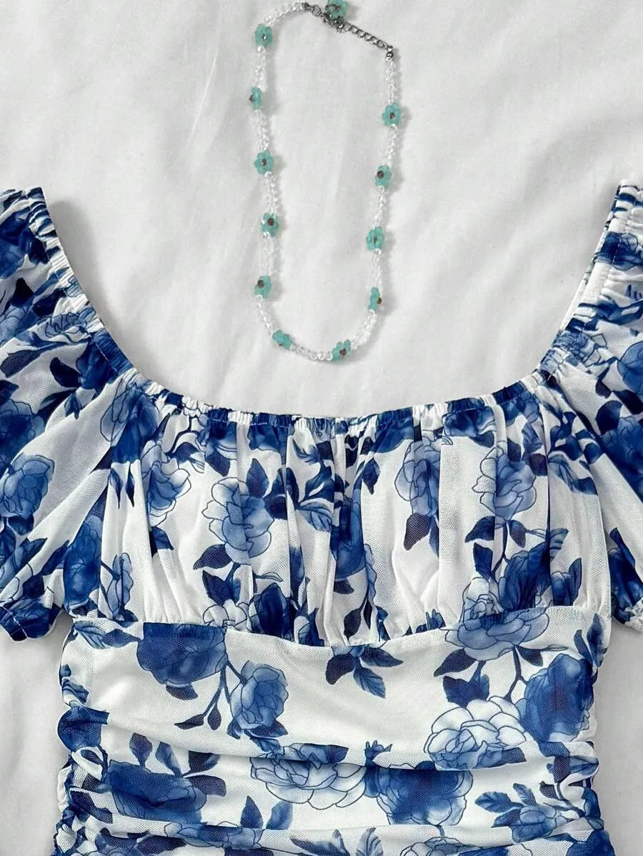 Teen Girls' Blue & White Floral Halter Dress – Bohemian Valentine’s Day Beach Dress for Holiday, Vintage & Summer Outfits