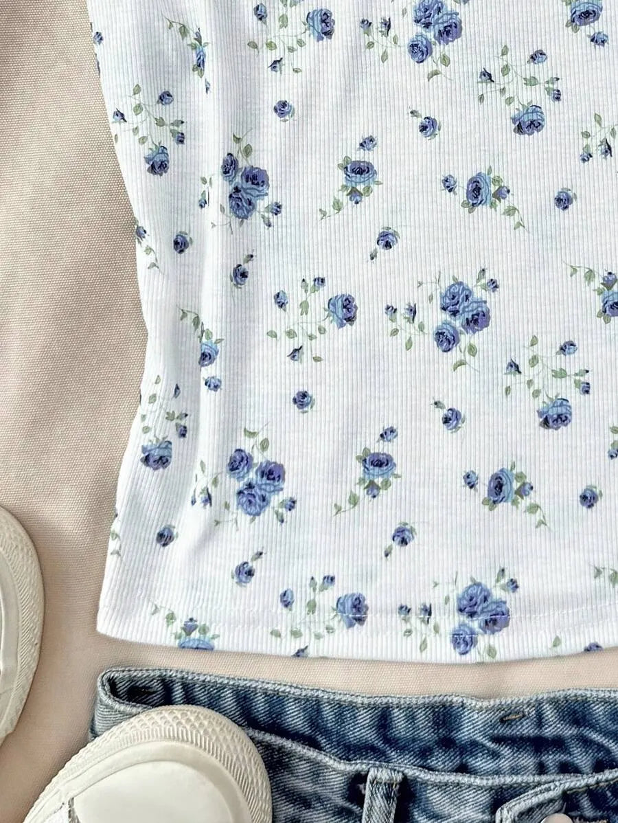 Teen Girls' White Floral Off Shoulder T-Shirt – Casual Summer Top for Home, School & Everyday Wear