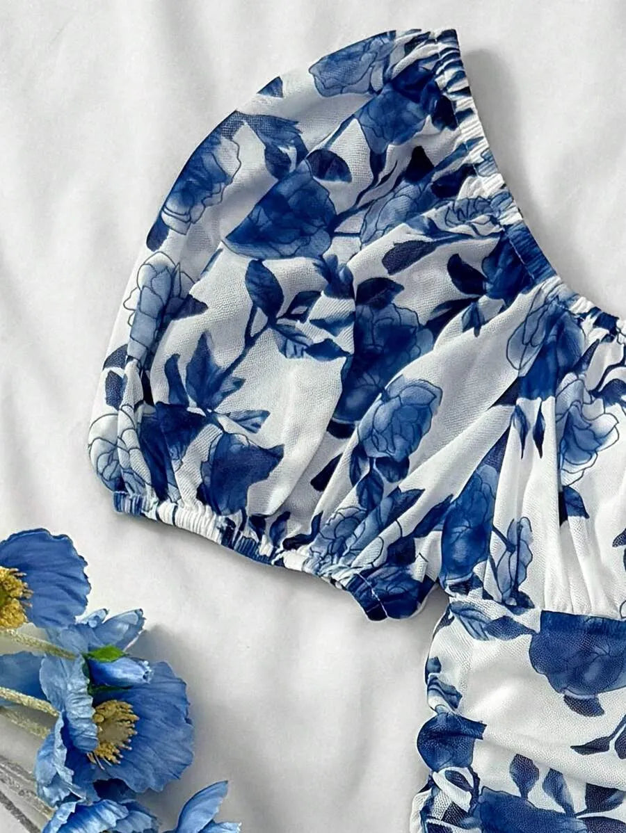 Teen Girls' Blue & White Floral Halter Dress – Bohemian Valentine’s Day Beach Dress for Holiday, Vintage & Summer Outfits
