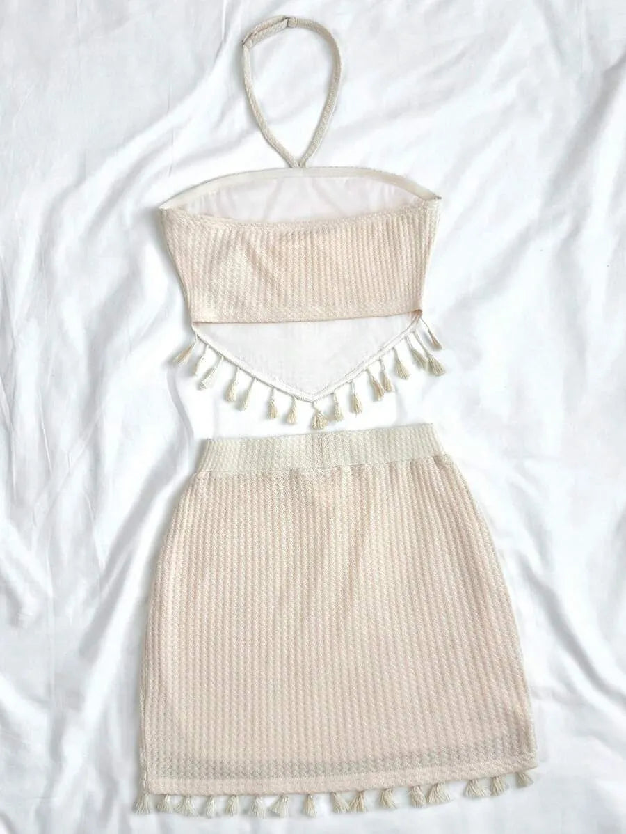 Teen Girls' Boho Tassel Trim Halter Top & Skirt Set – Backless Tie Design for Summer Vacation, Back-to-School, Picnic & Casual Wear