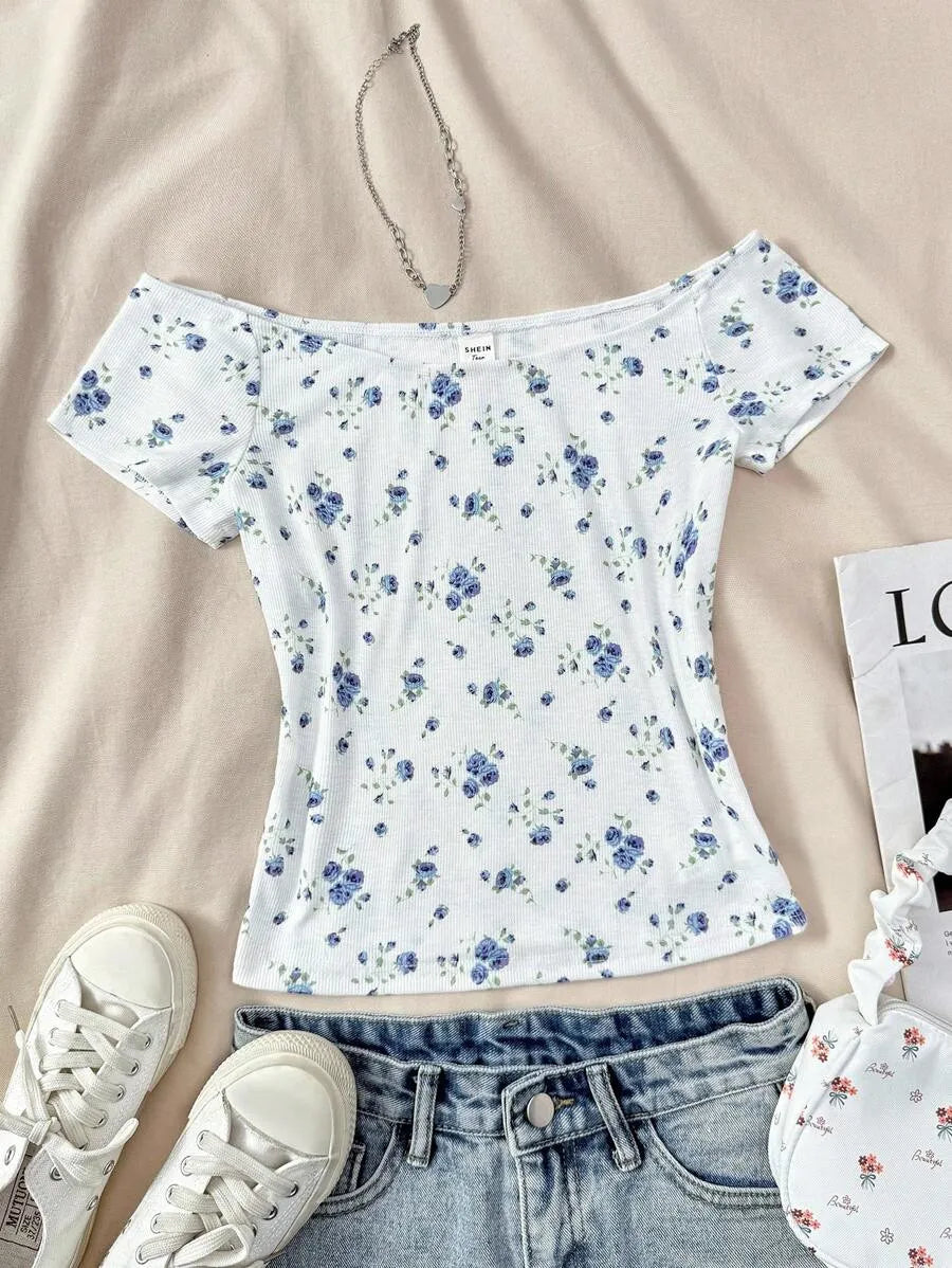 Teen Girls' White Floral Off Shoulder T-Shirt – Casual Summer Top for Home, School & Everyday Wear