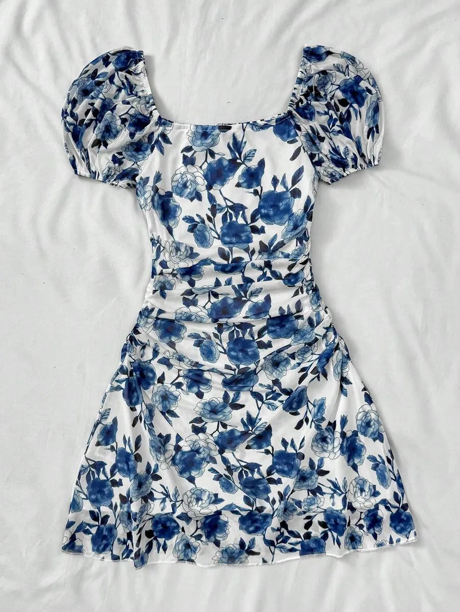 Teen Girls' Blue & White Floral Halter Dress – Bohemian Valentine’s Day Beach Dress for Holiday, Vintage & Summer Outfits