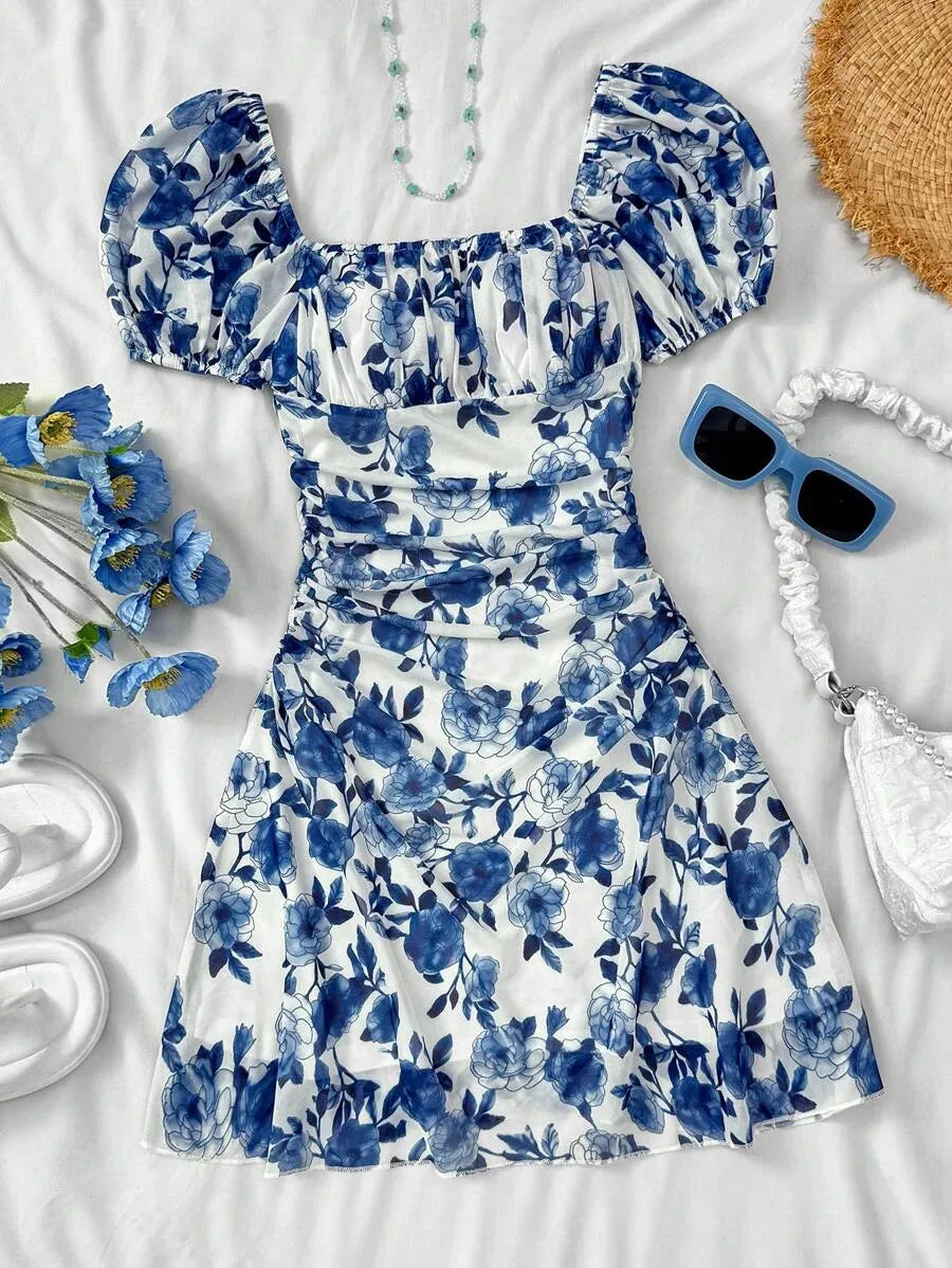 Teen Girls' Blue & White Floral Halter Dress – Bohemian Valentine’s Day Beach Dress for Holiday, Vintage & Summer Outfits