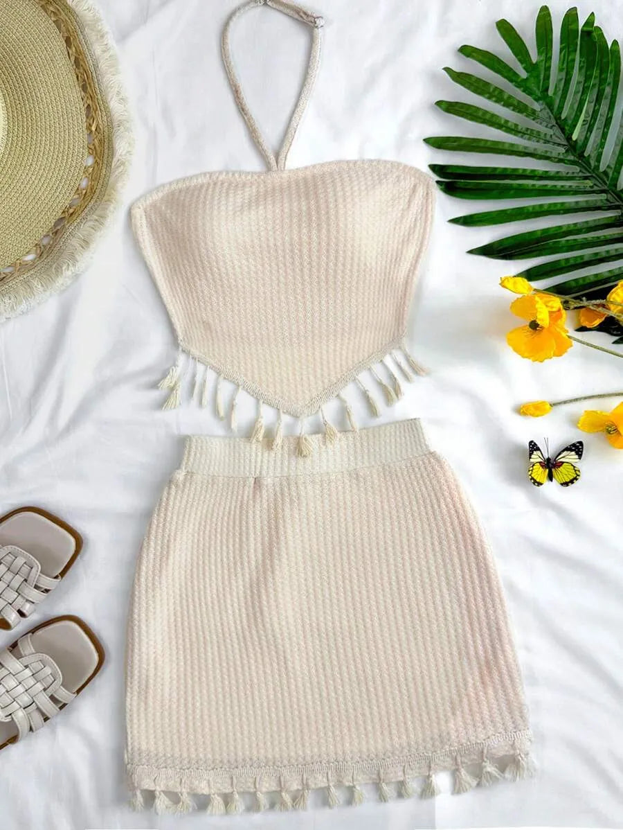Teen Girls' Boho Tassel Trim Halter Top & Skirt Set – Backless Tie Design for Summer Vacation, Back-to-School, Picnic & Casual Wear