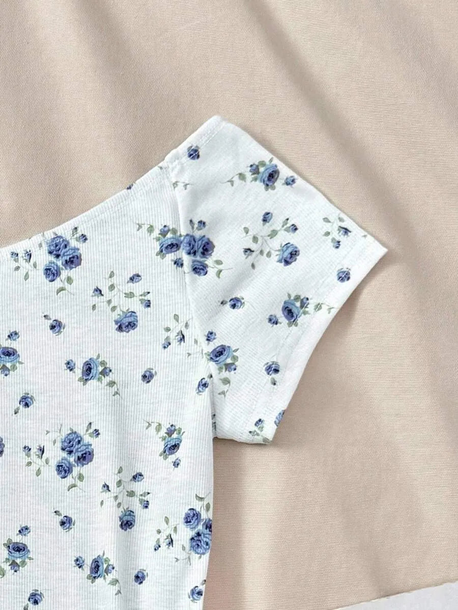 Teen Girls' White Floral Off Shoulder T-Shirt – Casual Summer Top for Home, School & Everyday Wear