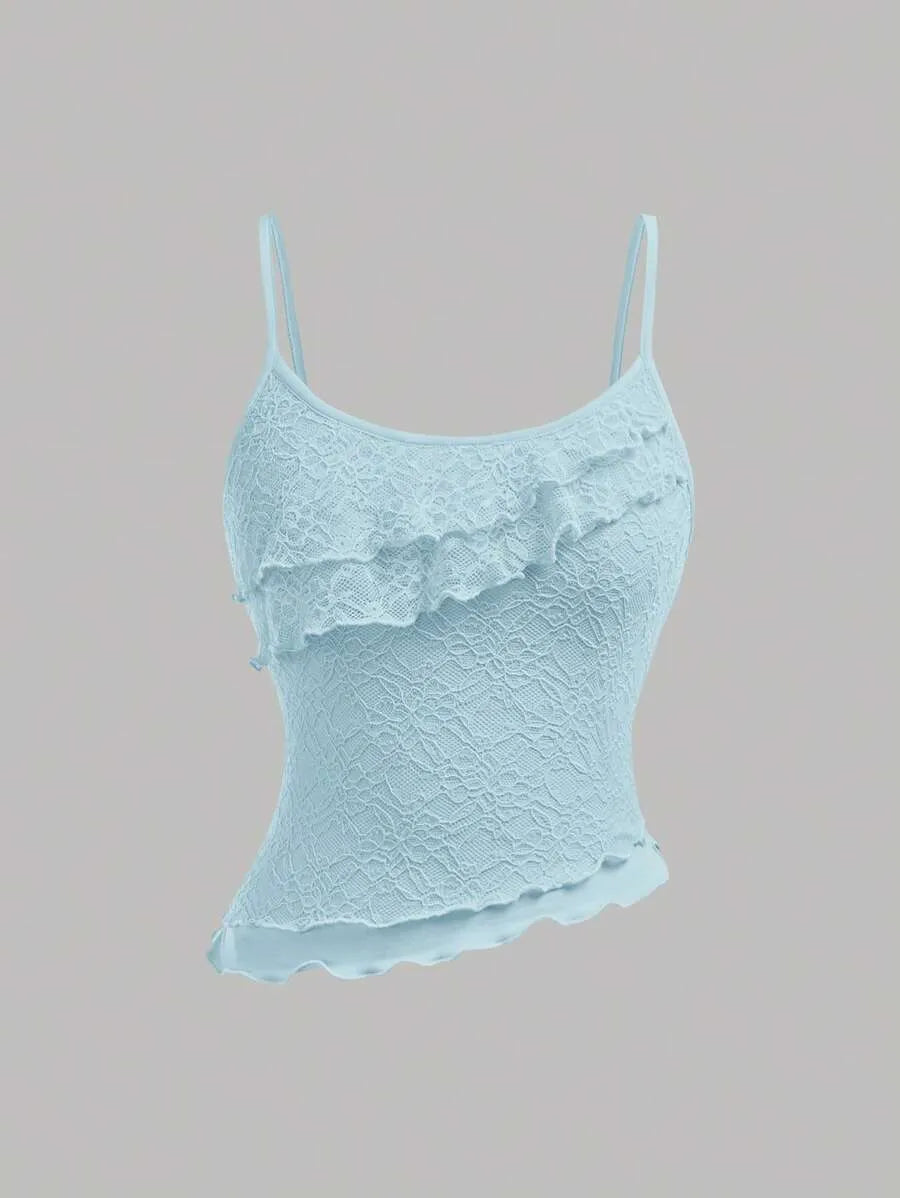 Teen Girls' Lace Cami & Mermaid Skirt Set – Blue Asymmetrical Two-Piece Outfit for Parties, Weddings & Summer Events