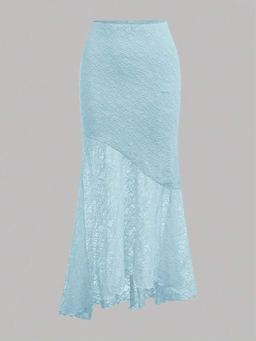 Teen Girls' Lace Cami & Mermaid Skirt Set – Blue Asymmetrical Two-Piece Outfit for Parties, Weddings & Summer Events