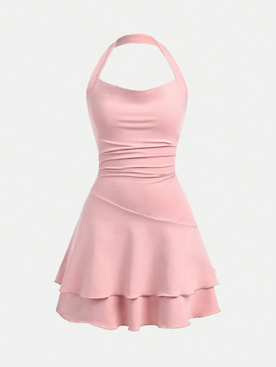 Teen Girls' Knitted Halter Skater Dress – Ruffle Hem Graduation Dress for Special Occasions