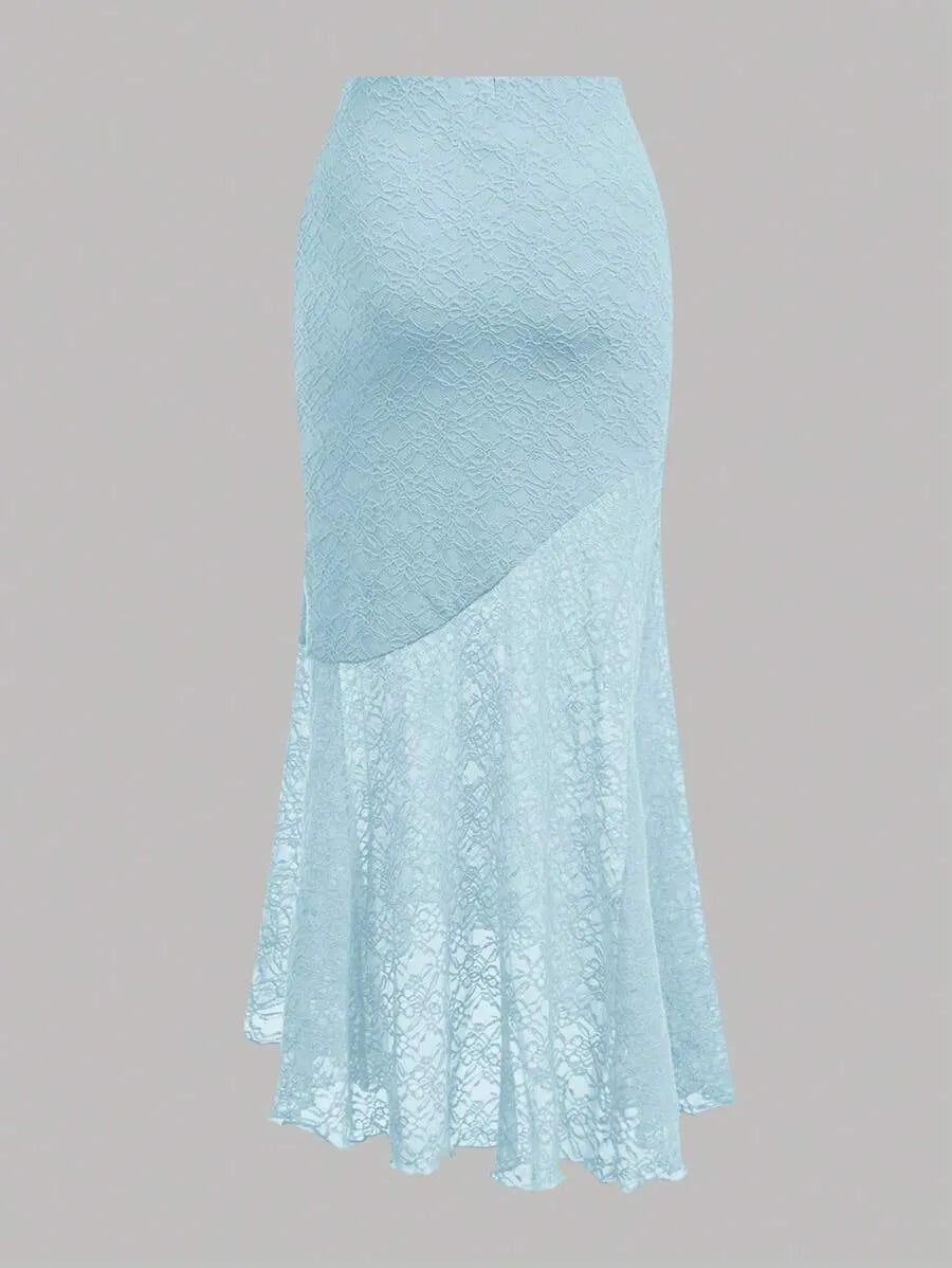 Teen Girls' Lace Cami & Mermaid Skirt Set – Blue Asymmetrical Two-Piece Outfit for Parties, Weddings & Summer Events