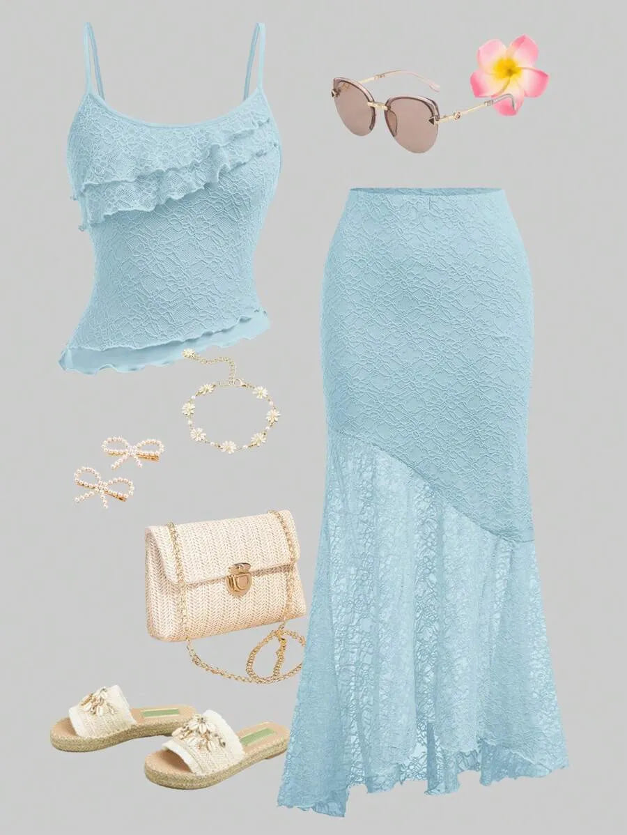Teen Girls' Lace Cami & Mermaid Skirt Set – Blue Asymmetrical Two-Piece Outfit for Parties, Weddings & Summer Events