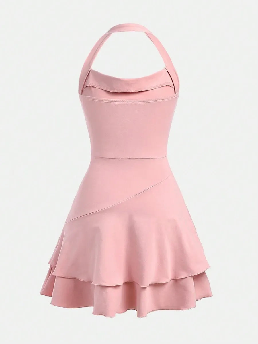Teen Girls' Knitted Halter Skater Dress – Ruffle Hem Graduation Dress for Special Occasions