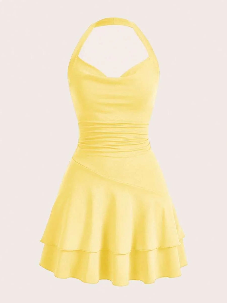 Teen Girls' Knitted Halter Skater Dress – Ruffle Hem Graduation Dress for Special Occasions