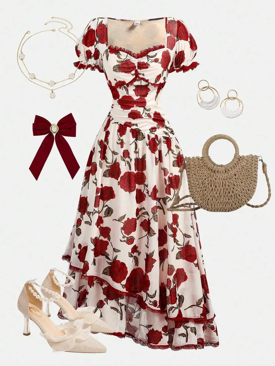 Teen Girls' Yellow Puff Sleeve Floral Dress – Elegant Spring Outfit for Parties & Special Occasions