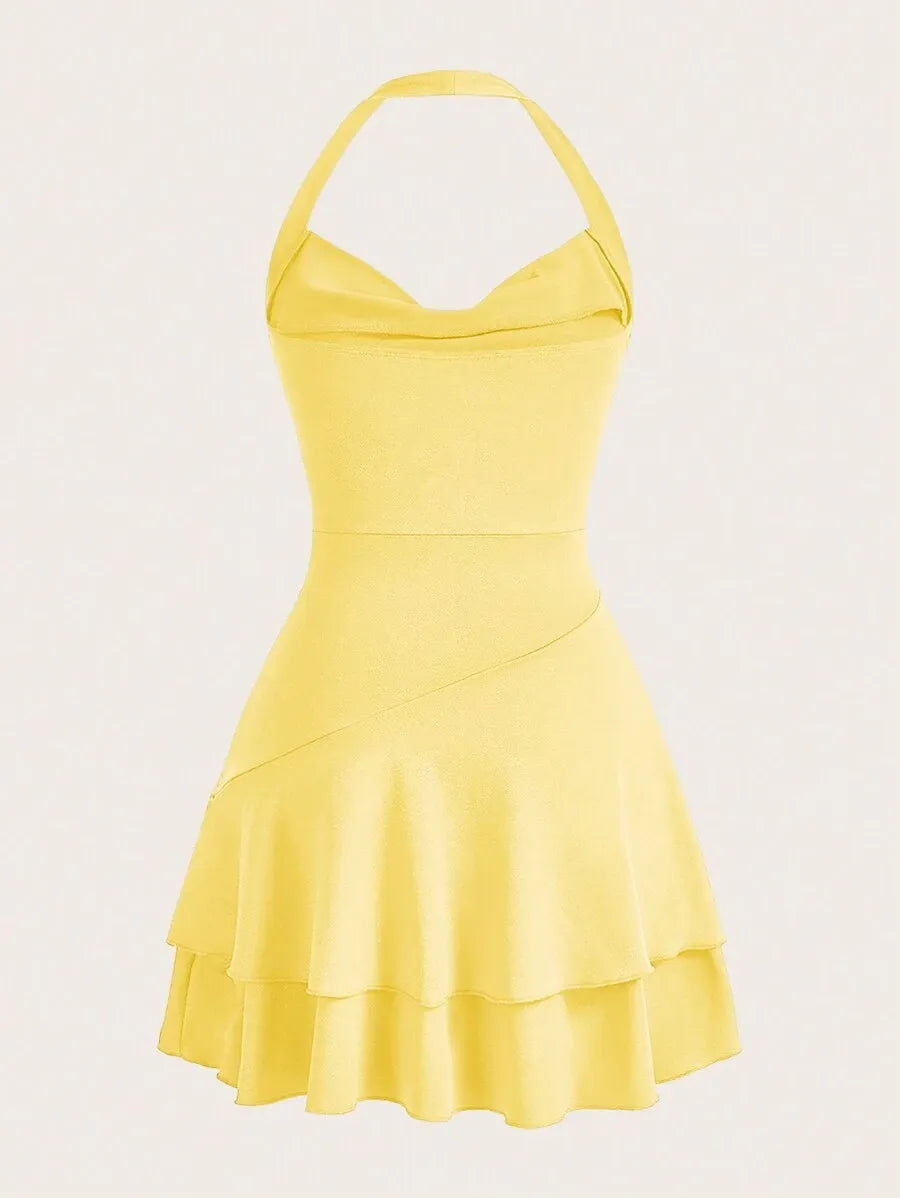 Teen Girls' Knitted Halter Skater Dress – Ruffle Hem Graduation Dress for Special Occasions