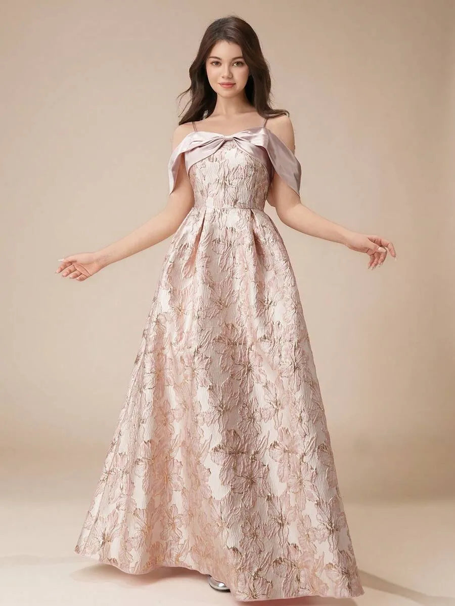 Teen Girls' Off Shoulder Glossy Jacquard A-Line Dress – Long Ball Gown with Bow for Flower Girl, Pageant & Formal Events