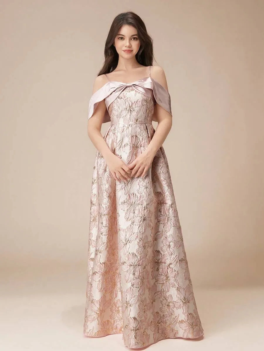 Teen Girls' Off Shoulder Glossy Jacquard A-Line Dress – Long Ball Gown with Bow for Flower Girl, Pageant & Formal Events