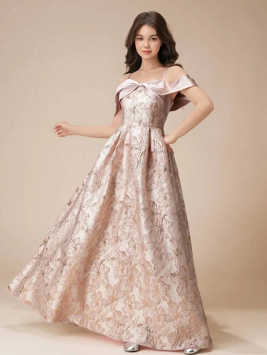 Teen Girls' Off Shoulder Glossy Jacquard A-Line Dress – Long Ball Gown with Bow for Flower Girl, Pageant & Formal Events