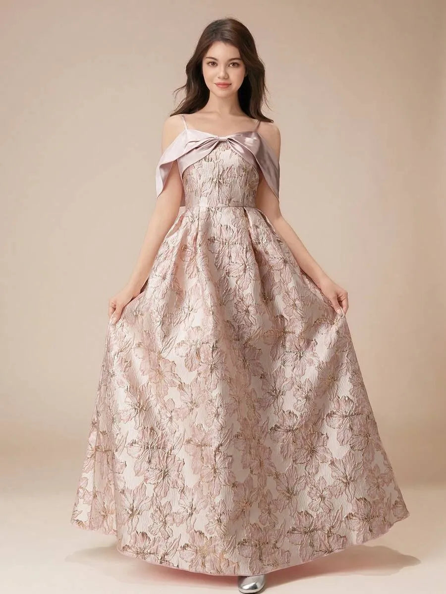 Teen Girls' Off Shoulder Glossy Jacquard A-Line Dress – Long Ball Gown with Bow for Flower Girl, Pageant & Formal Events