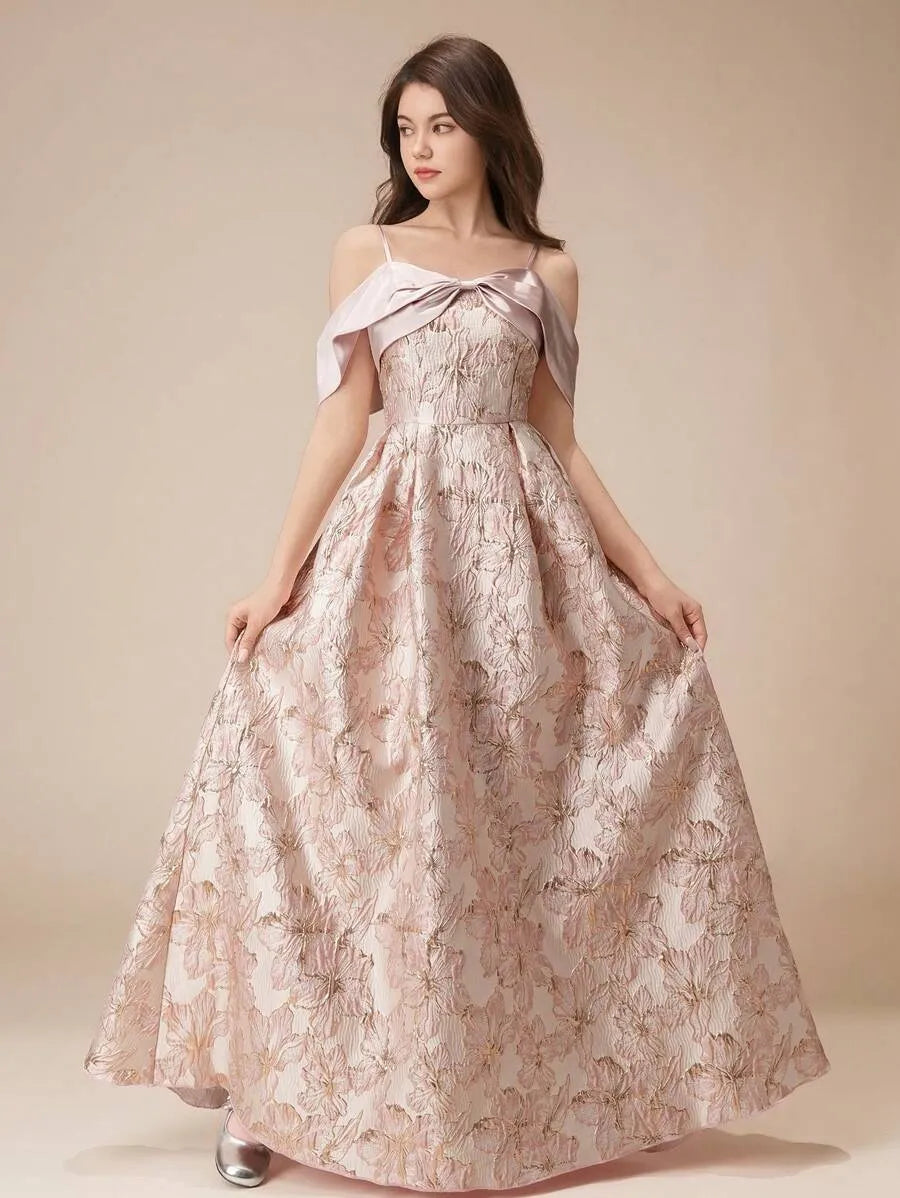 Teen Girls' Off Shoulder Glossy Jacquard A-Line Dress – Long Ball Gown with Bow for Flower Girl, Pageant & Formal Events