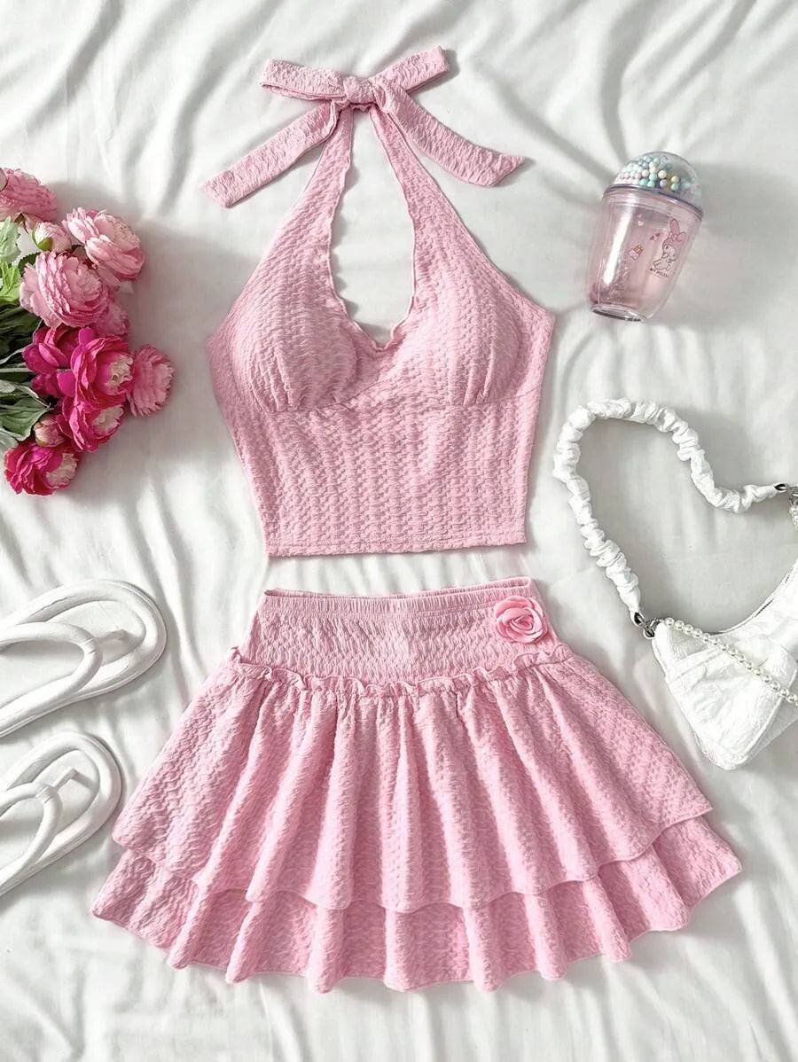 Teen Girls' Floral Ruffled Halter Top & A-Line Skirt Set – Summer Vacation Two-Piece Outfit