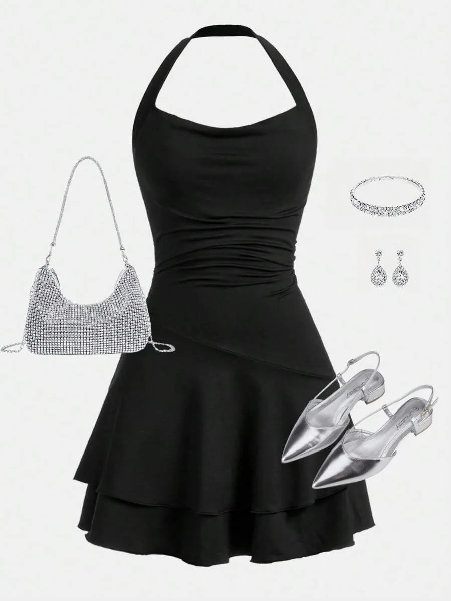 Teen Girls' Knitted Halter Skater Dress – Ruffle Hem Graduation Dress for Special Occasions