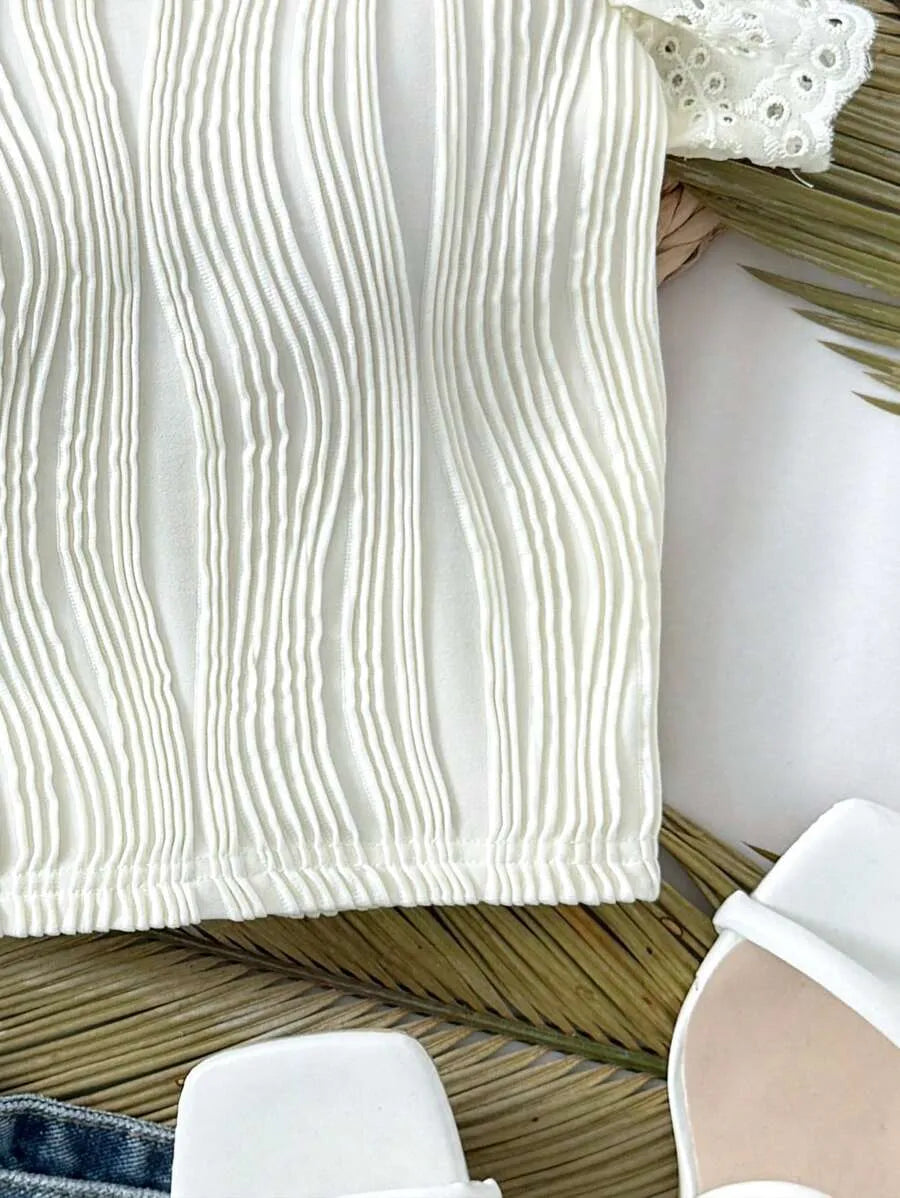 Teen Girls' White Square Neck Textured T-Shirt – Elegant Cap Sleeve Summer Vacation Top