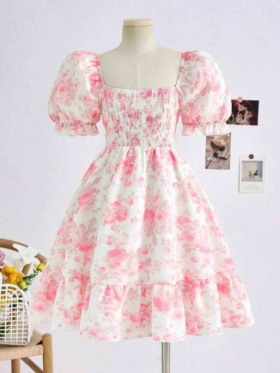 Teen Girls' Puff Sleeve Backless Floral Dress – Waist-Cinched A-Line Vacation Dress for Spring & Summer