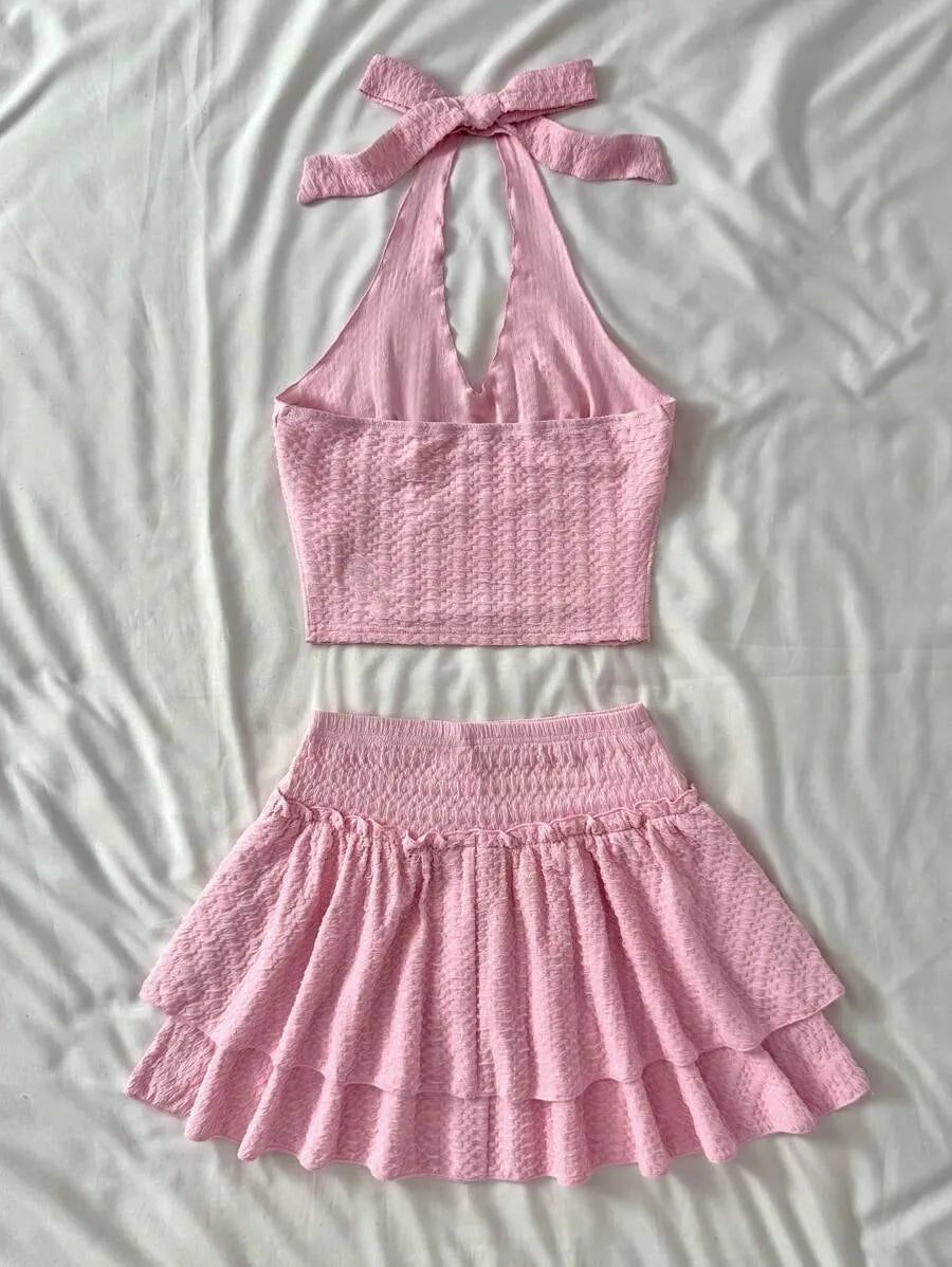 Teen Girls' Floral Ruffled Halter Top & A-Line Skirt Set – Summer Vacation Two-Piece Outfit