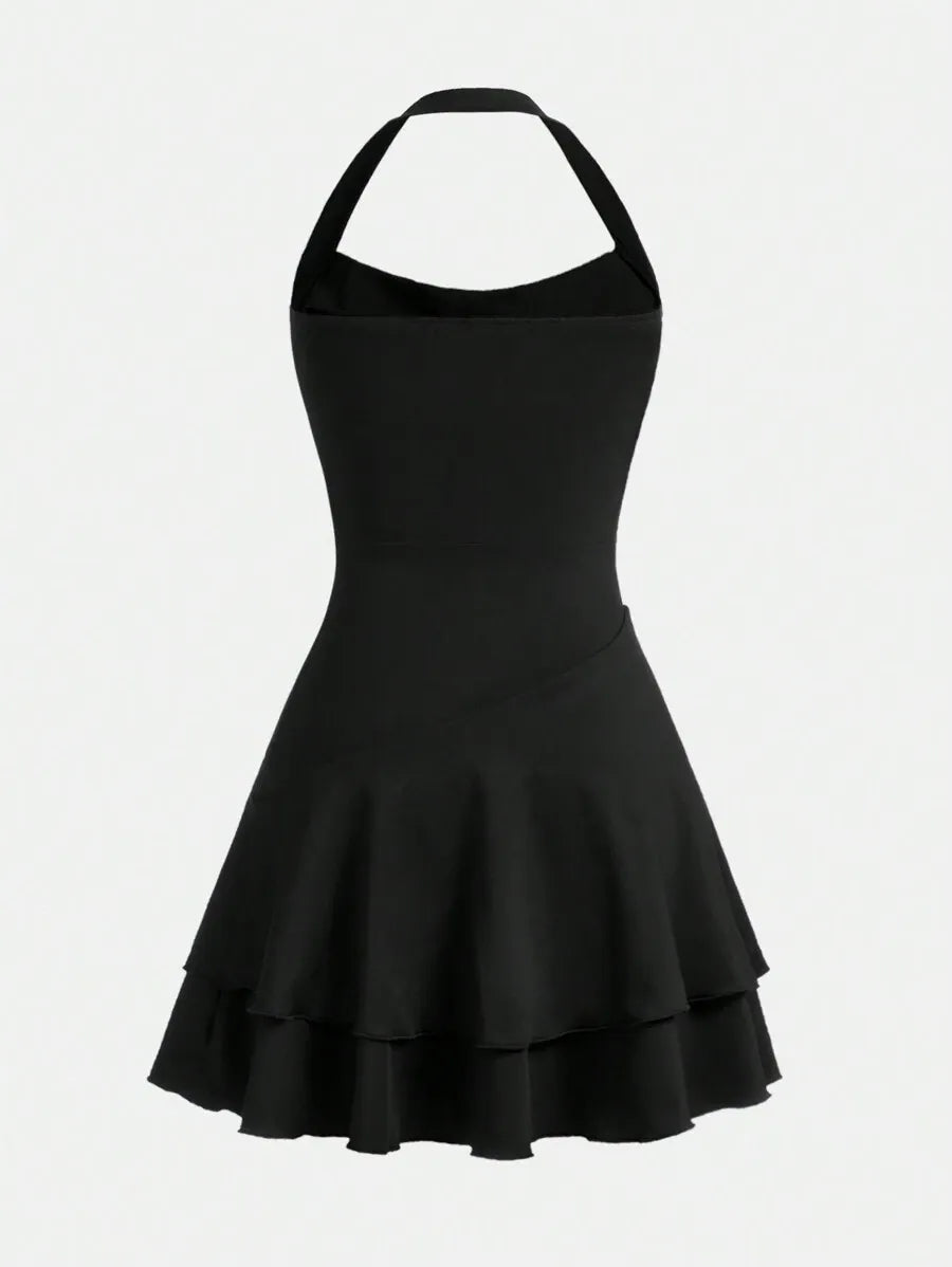 Teen Girls' Knitted Halter Skater Dress – Ruffle Hem Graduation Dress for Special Occasions