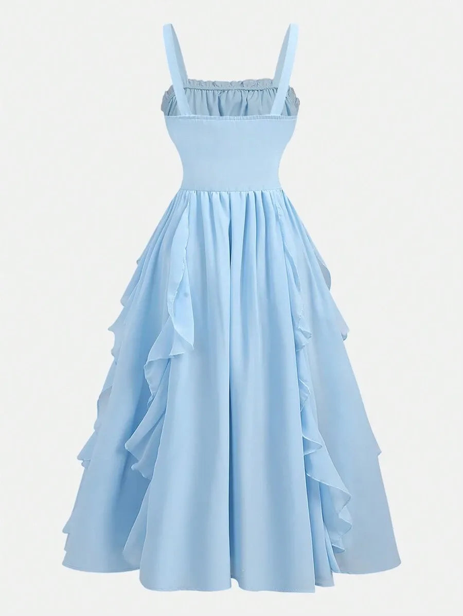 Teen Girls' Chiffon Ruffle Strap Dress – Solid Color Elegant Dress for Tea Parties & Casual Events