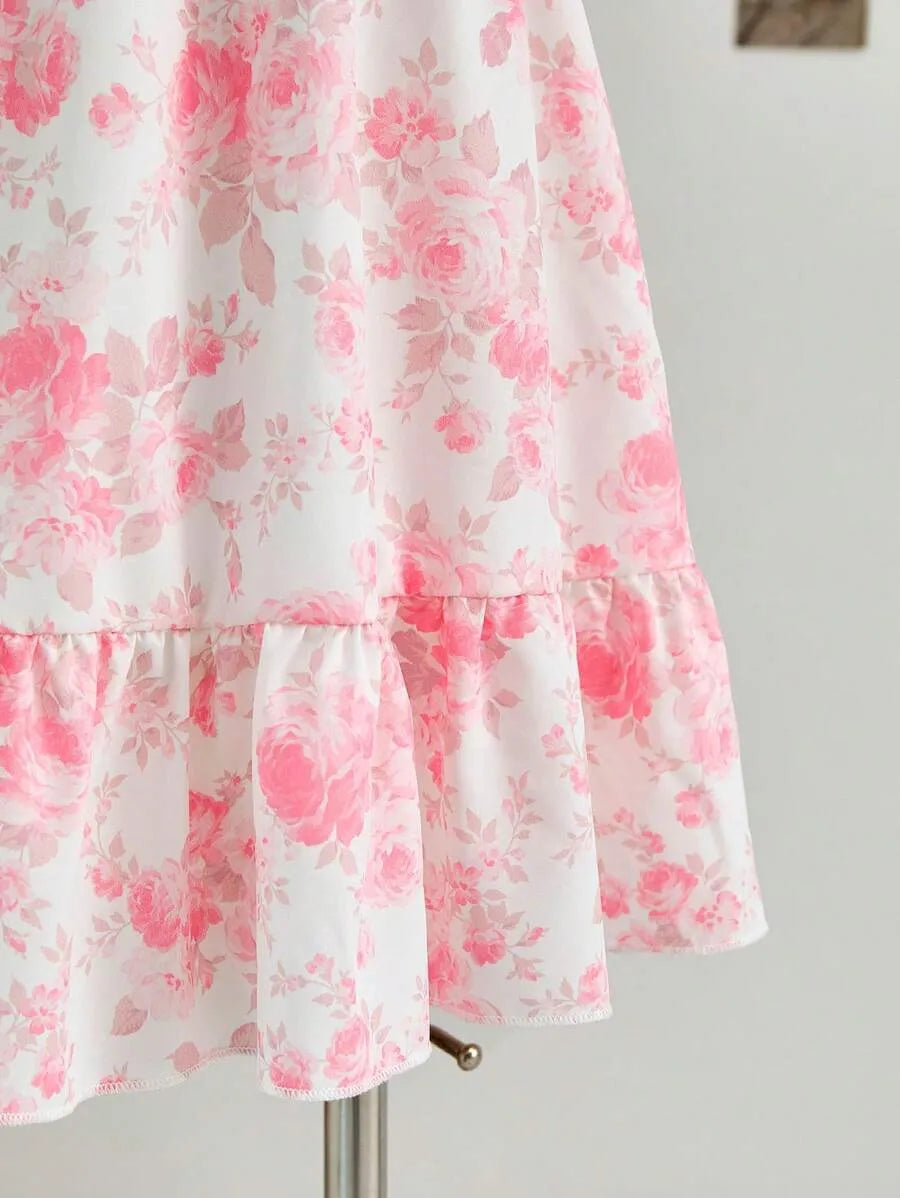 Teen Girls' Puff Sleeve Backless Floral Dress – Waist-Cinched A-Line Vacation Dress for Spring & Summer