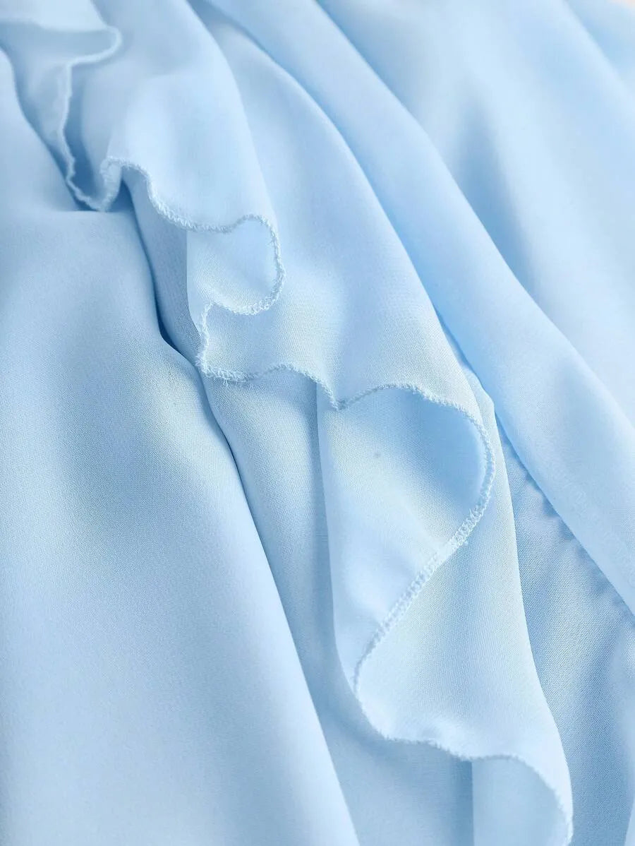 Teen Girls' Chiffon Ruffle Strap Dress – Solid Color Elegant Dress for Tea Parties & Casual Events