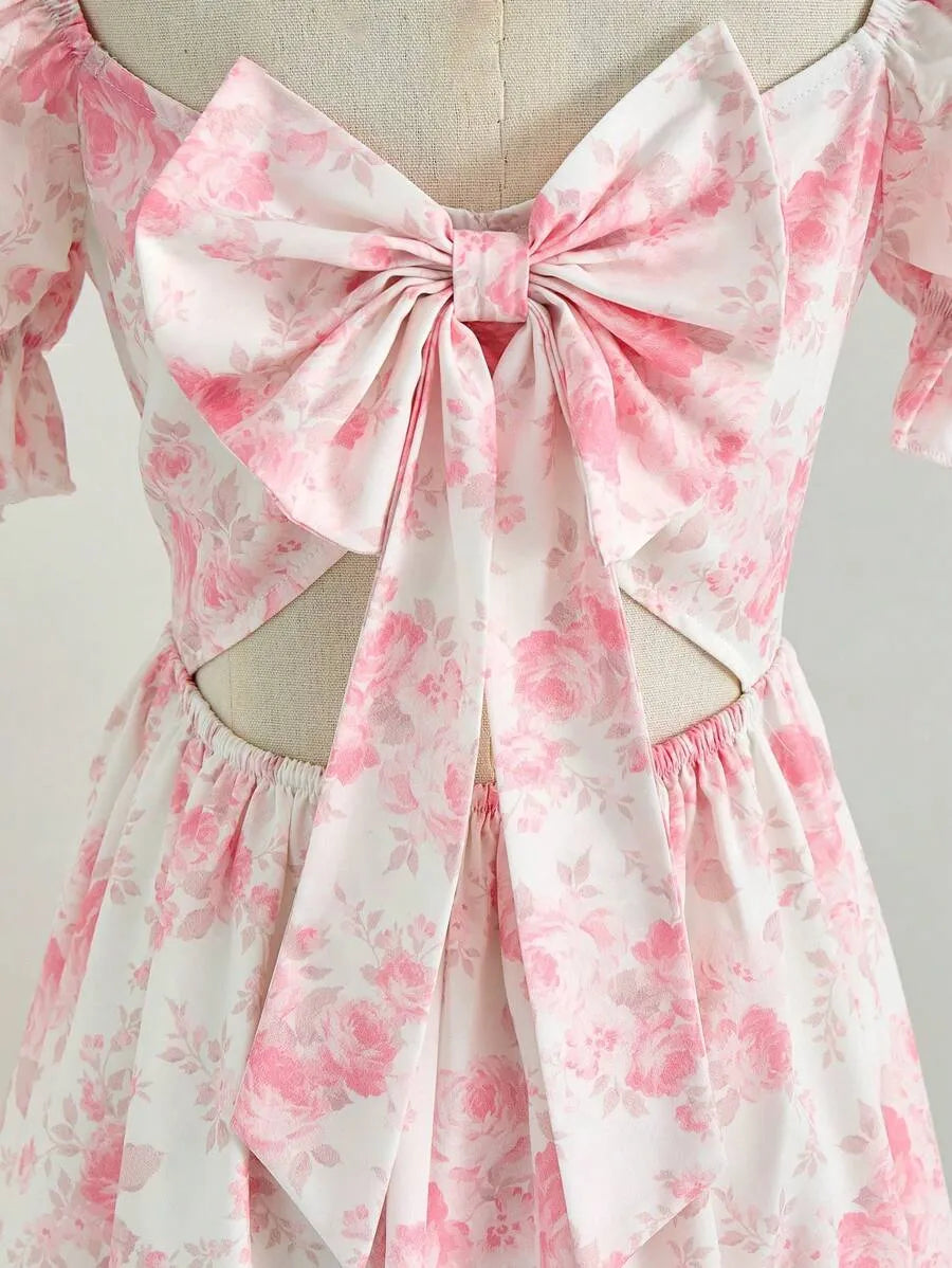 Teen Girls' Puff Sleeve Backless Floral Dress – Waist-Cinched A-Line Vacation Dress for Spring & Summer