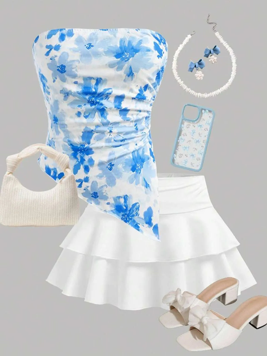Teen Girls' Blue & White Floral Crop Top & Skirt Set – Asymmetrical Ruched Hem Layered Holiday Outfit