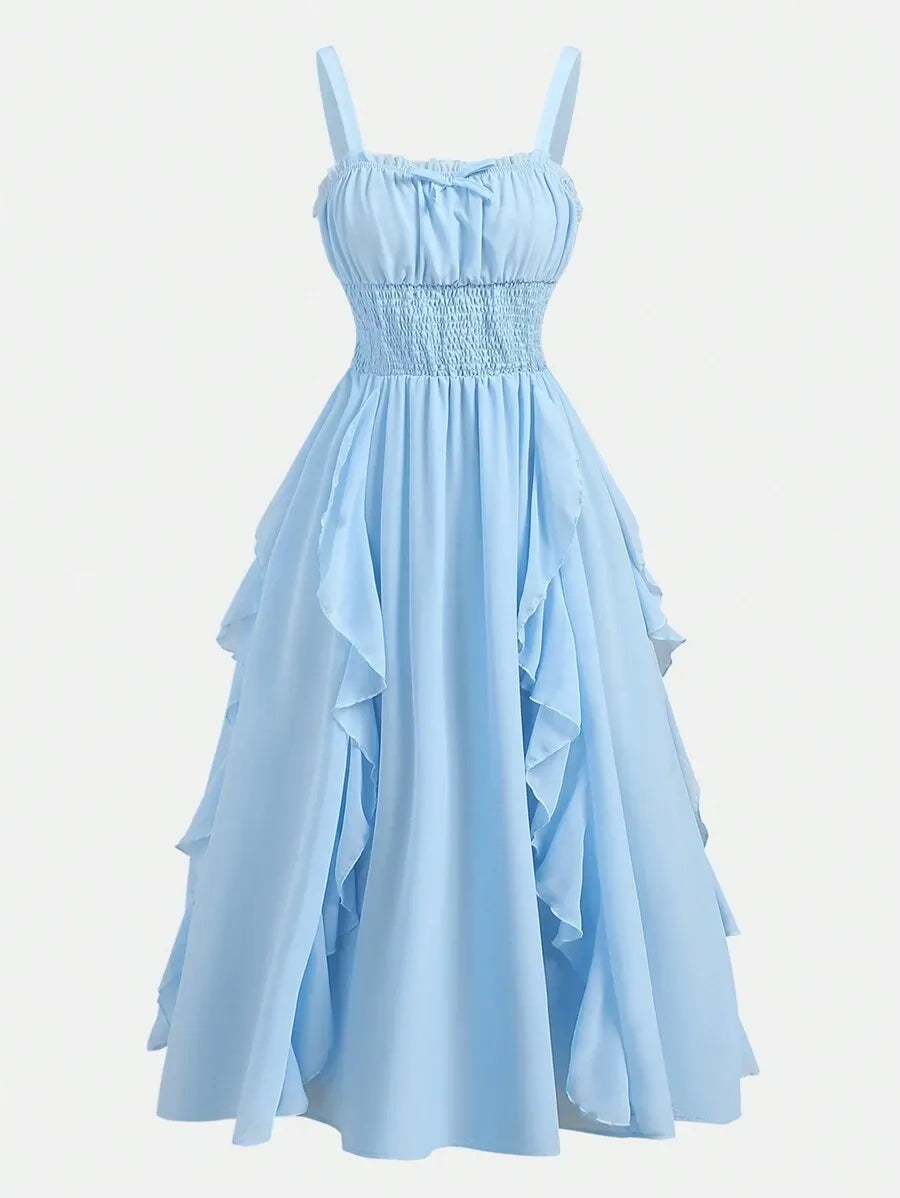 Teen Girls' Chiffon Ruffle Strap Dress – Solid Color Elegant Dress for Tea Parties & Casual Events