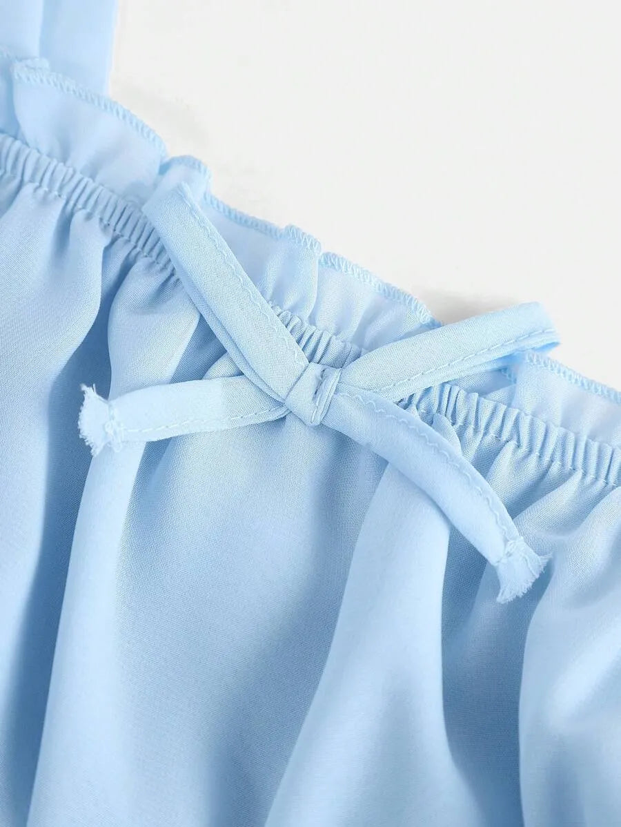 Teen Girls' Chiffon Ruffle Strap Dress – Solid Color Elegant Dress for Tea Parties & Casual Events