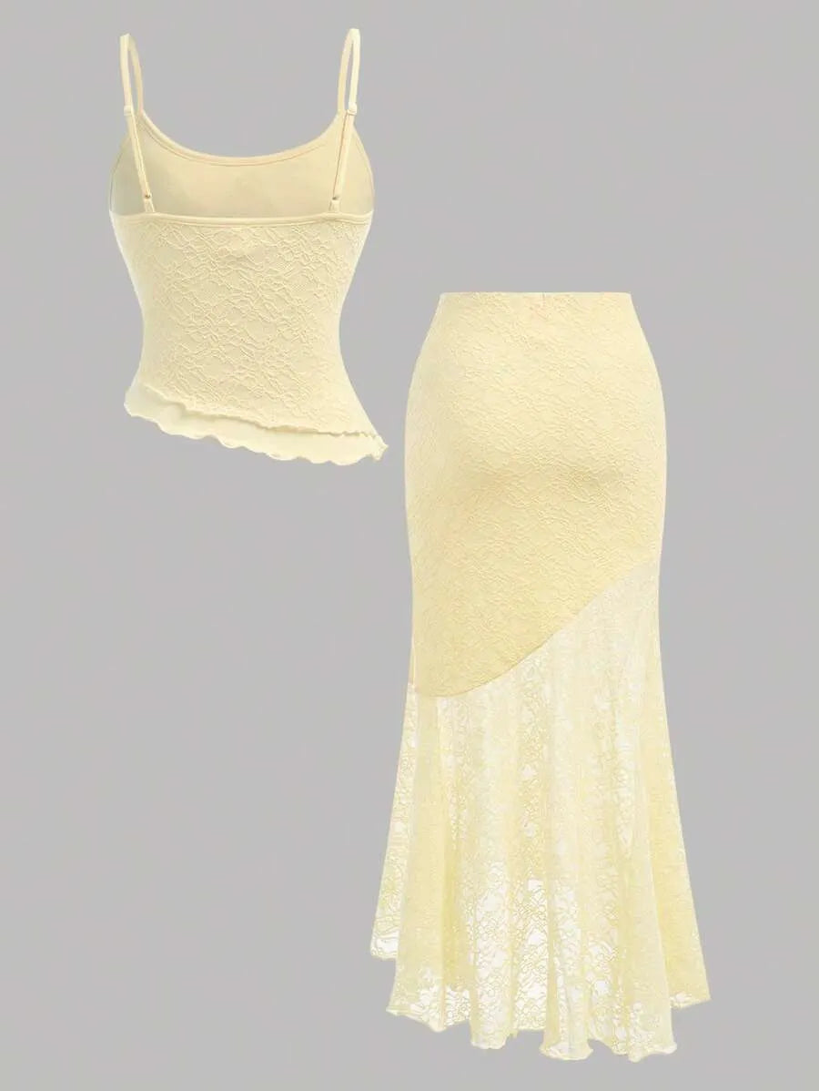Teen Girls' Lace Cami & Mermaid Skirt Set – Blue Asymmetrical Two-Piece Outfit for Parties, Weddings & Summer Events