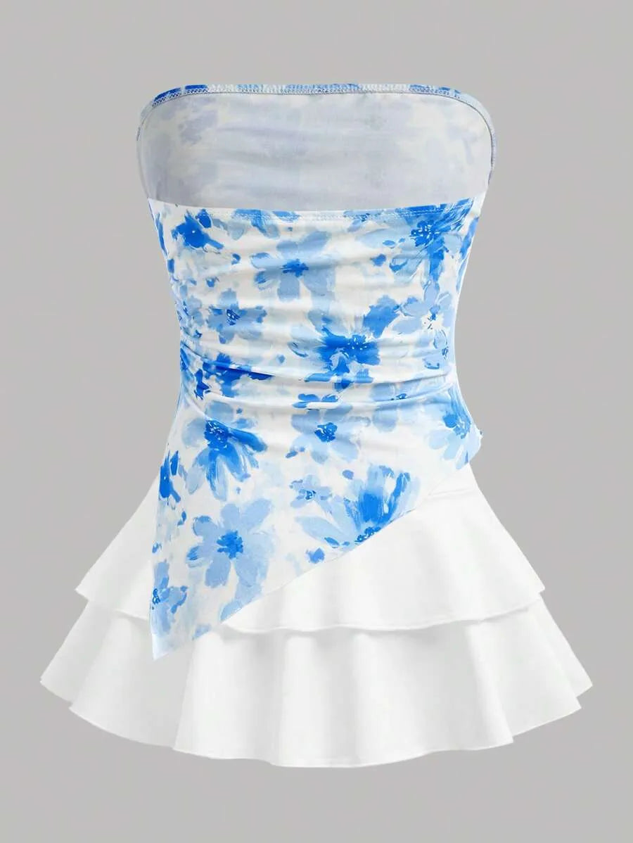 Teen Girls' Blue & White Floral Crop Top & Skirt Set – Asymmetrical Ruched Hem Layered Holiday Outfit