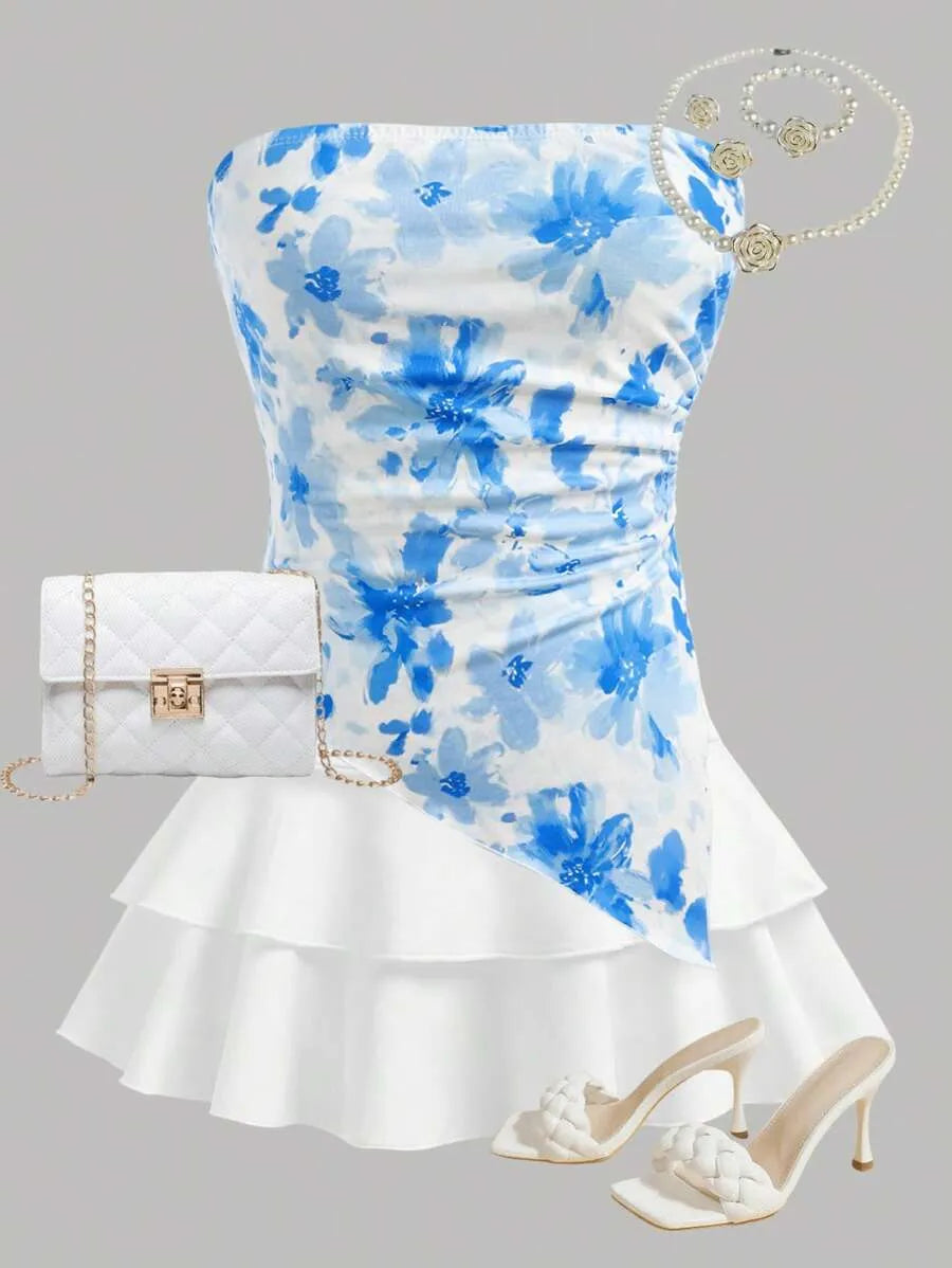 Teen Girls' Blue & White Floral Crop Top & Skirt Set – Asymmetrical Ruched Hem Layered Holiday Outfit