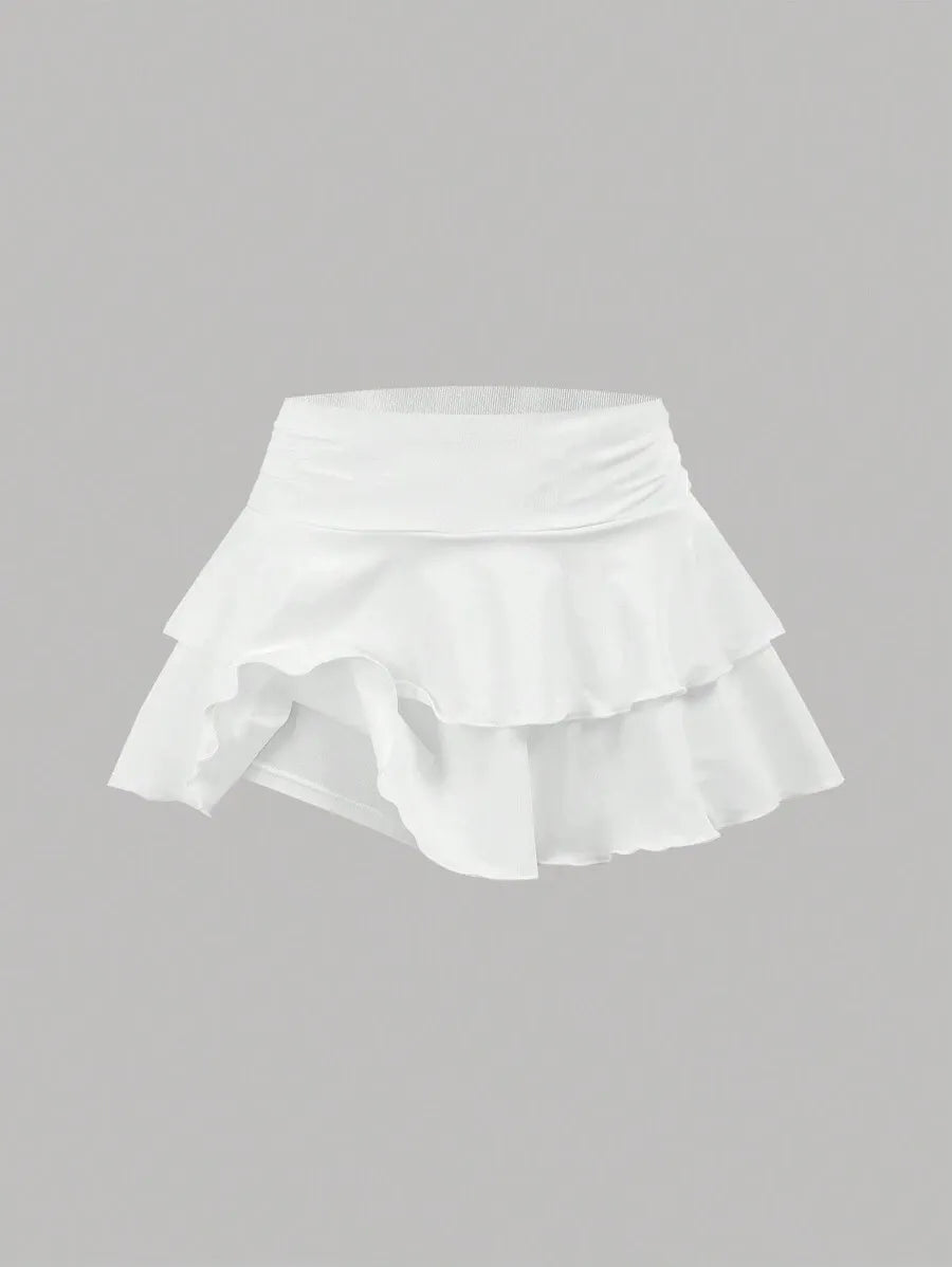 Teen Girls' Blue & White Floral Crop Top & Skirt Set – Asymmetrical Ruched Hem Layered Holiday Outfit