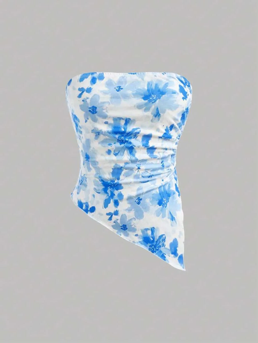 Teen Girls' Blue & White Floral Crop Top & Skirt Set – Asymmetrical Ruched Hem Layered Holiday Outfit